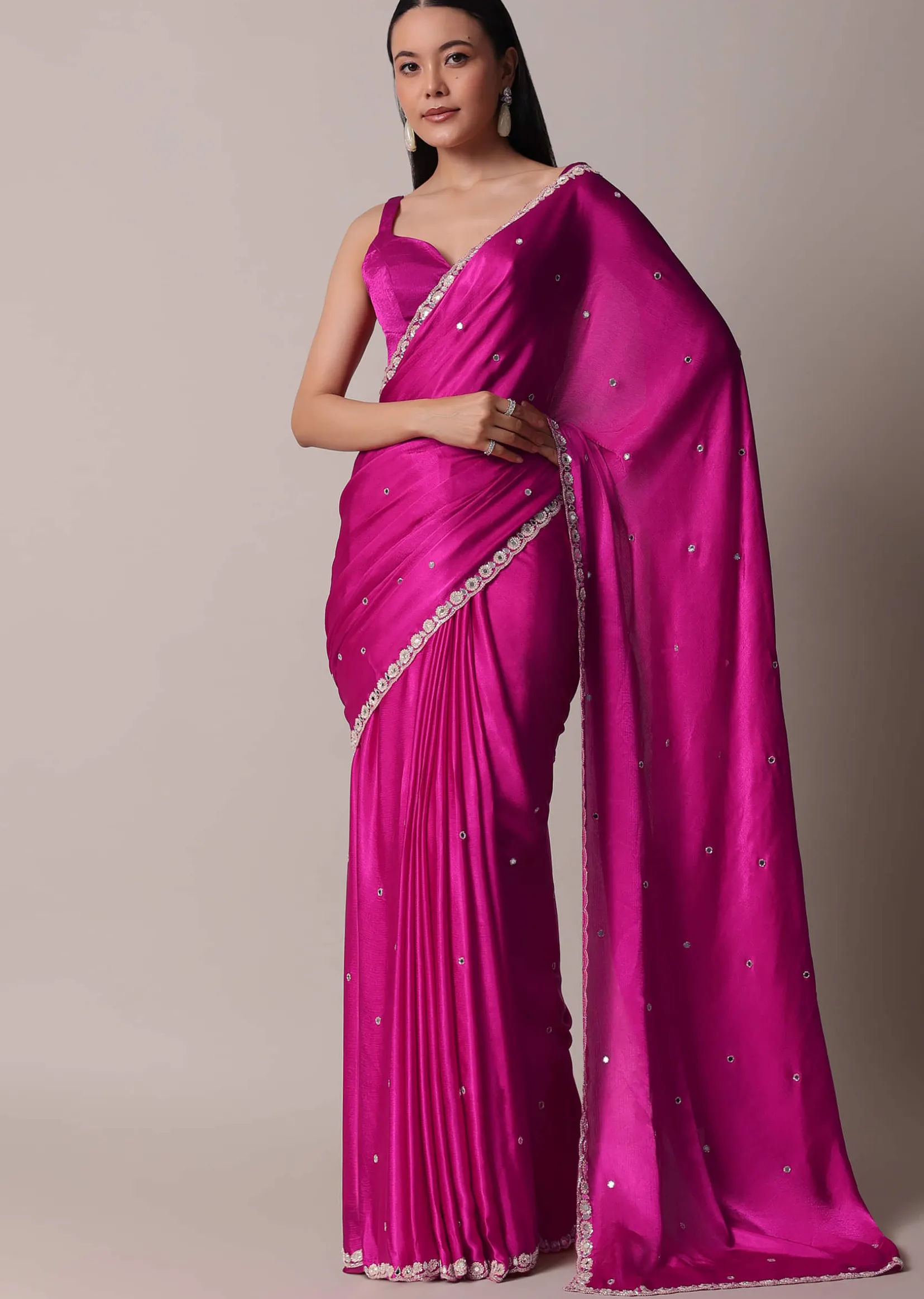Pink Satin Chinon Saree With Floral Motif Scallop Border And Unstitched Blouse Piece