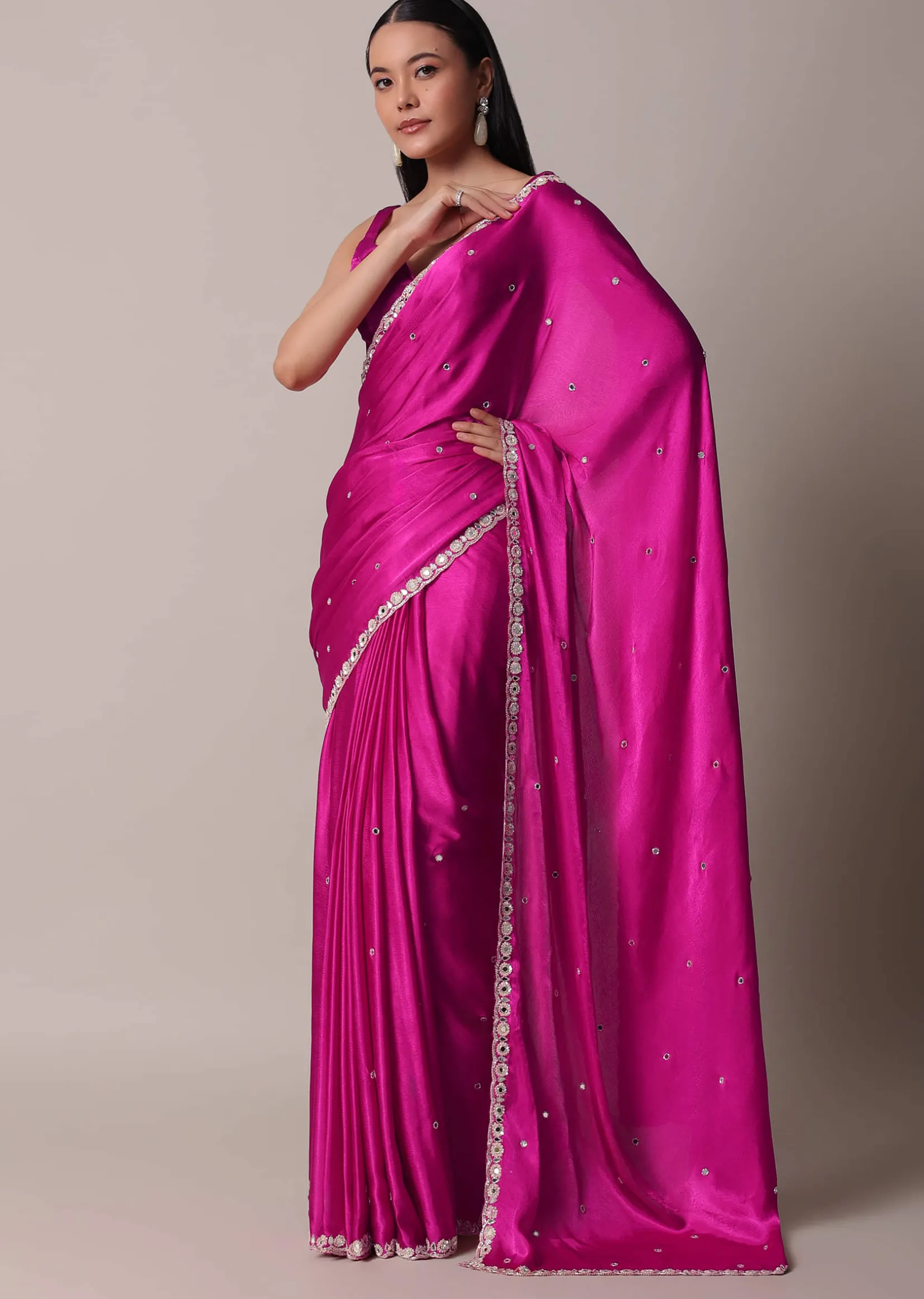 Pink Satin Chinon Saree With Floral Motif Scallop Border And Unstitched Blouse Piece