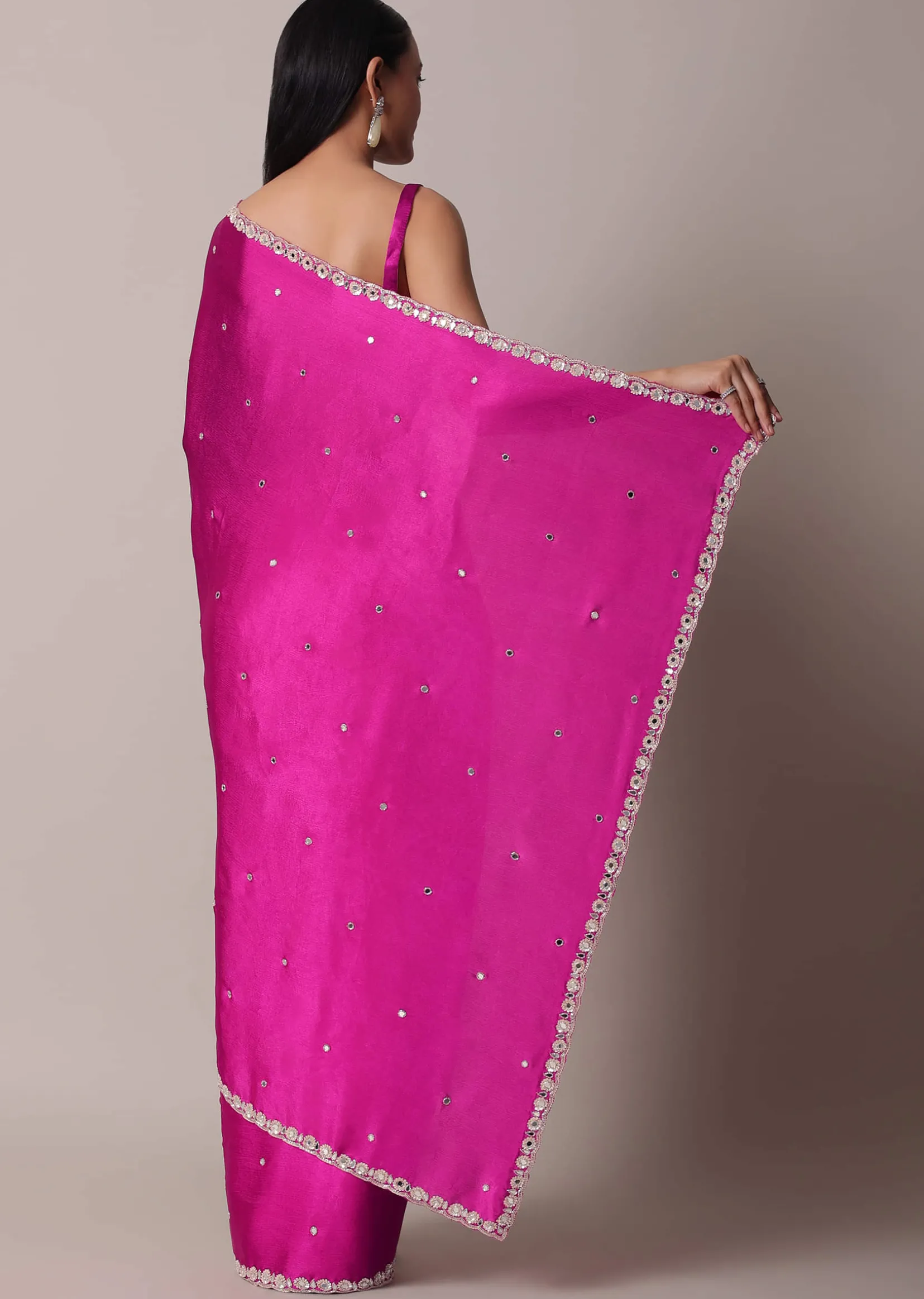 Pink Satin Chinon Saree With Floral Motif Scallop Border And Unstitched Blouse Piece