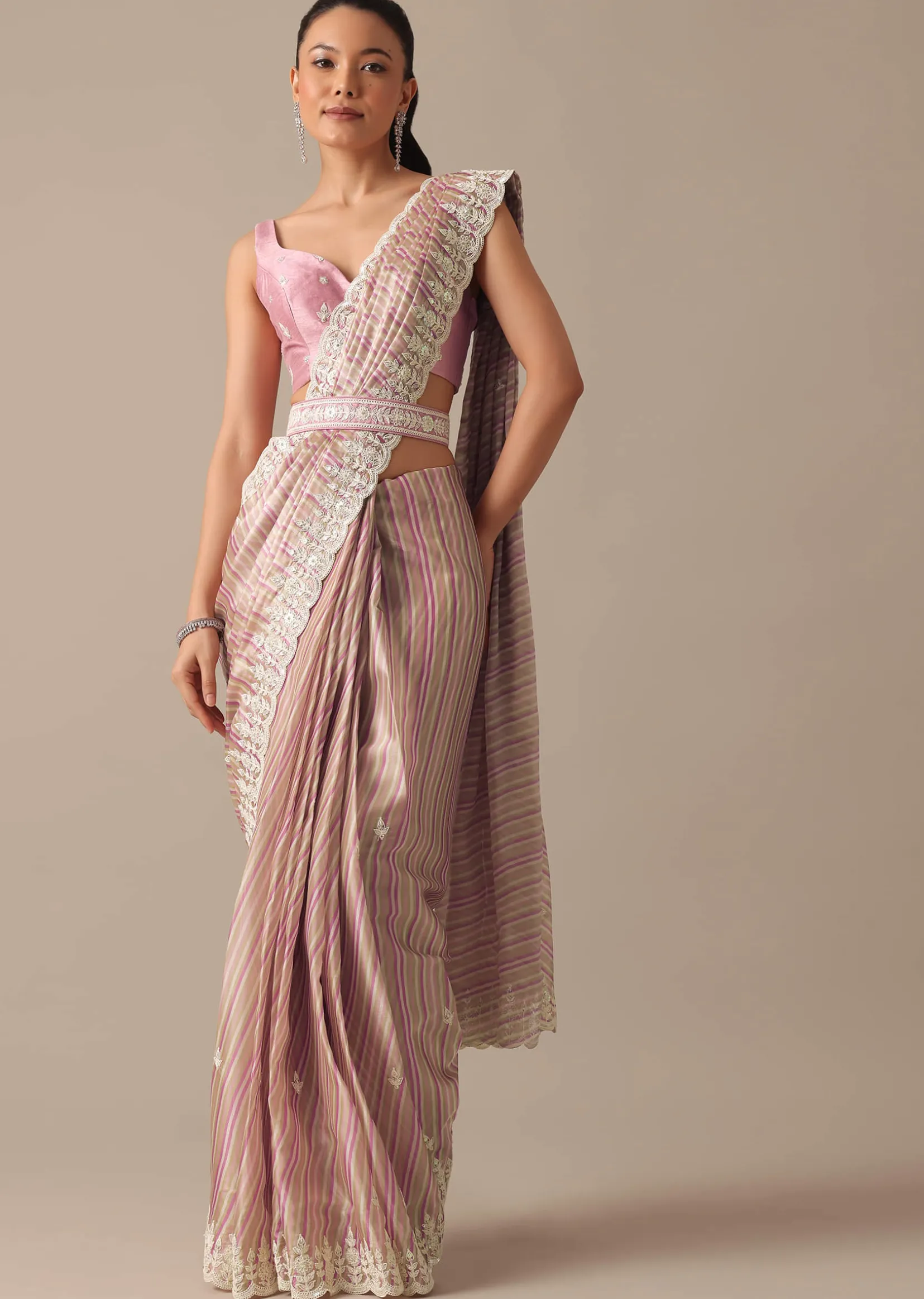 Pink Satin Saree With Belt And Unstitched Blouse Piece