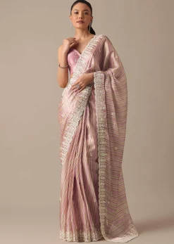 Pink Satin Saree With Belt And Unstitched Blouse Piece