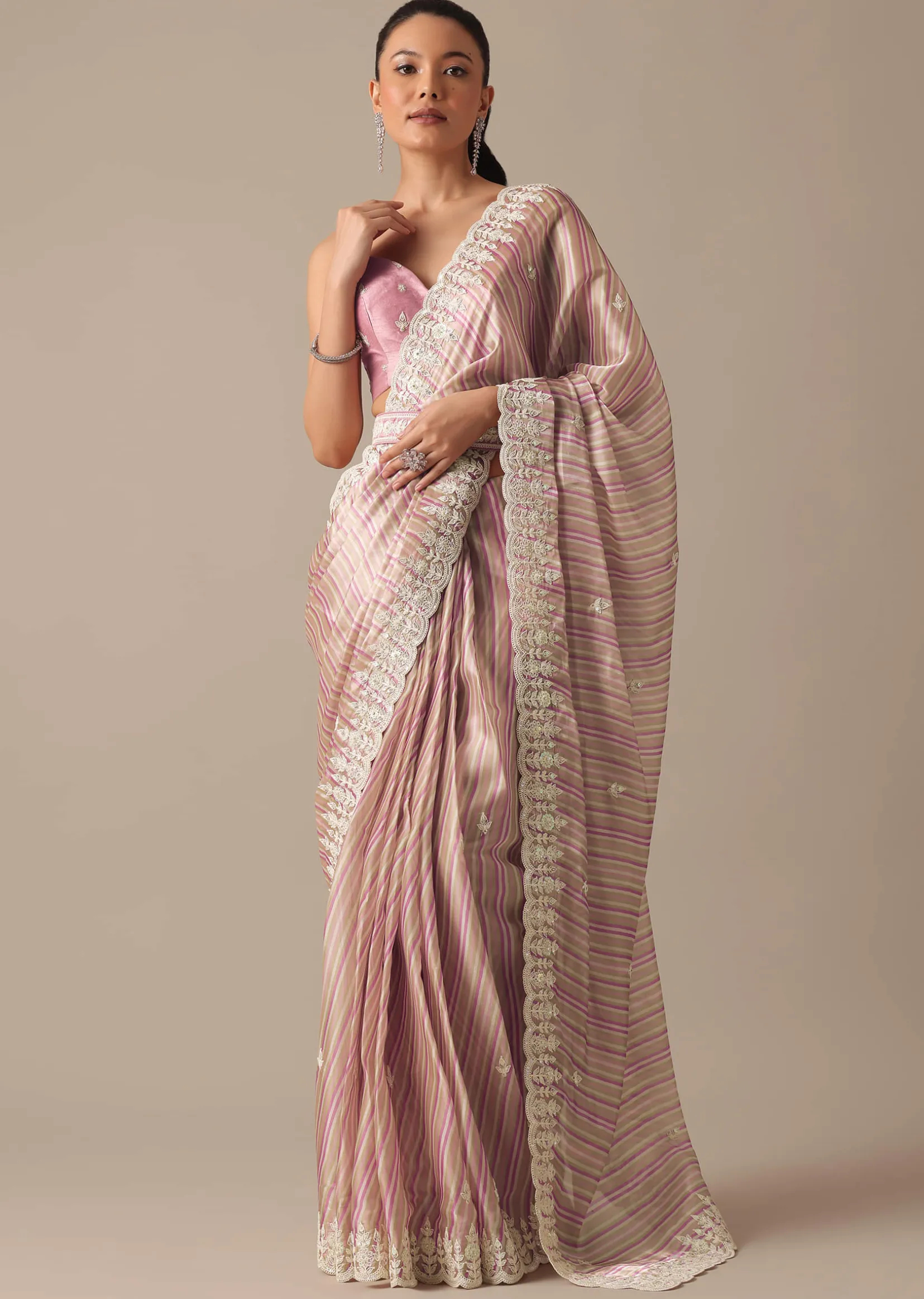 Pink Satin Saree With Belt And Unstitched Blouse Piece