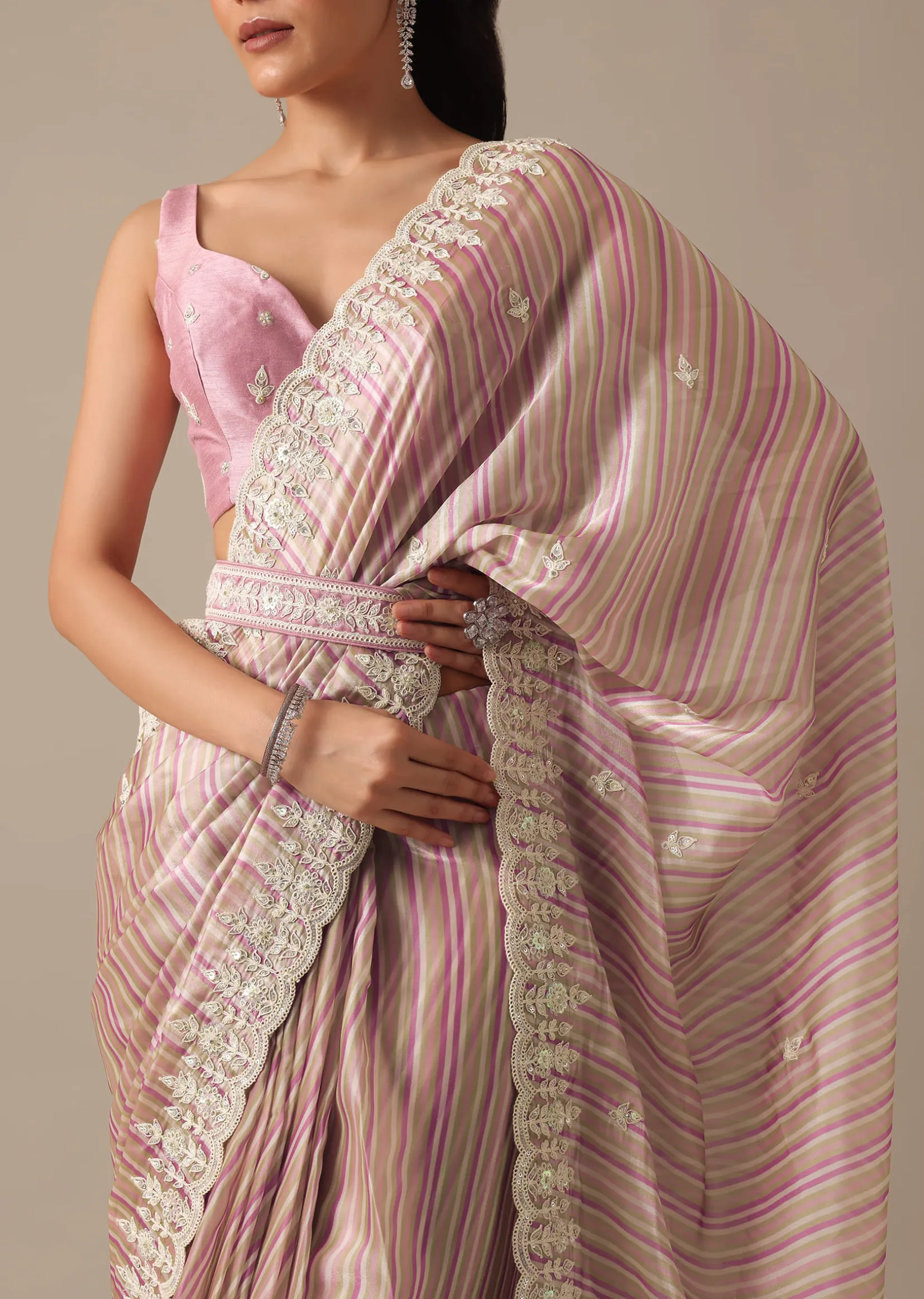 Pink Satin Saree With Belt And Unstitched Blouse Piece