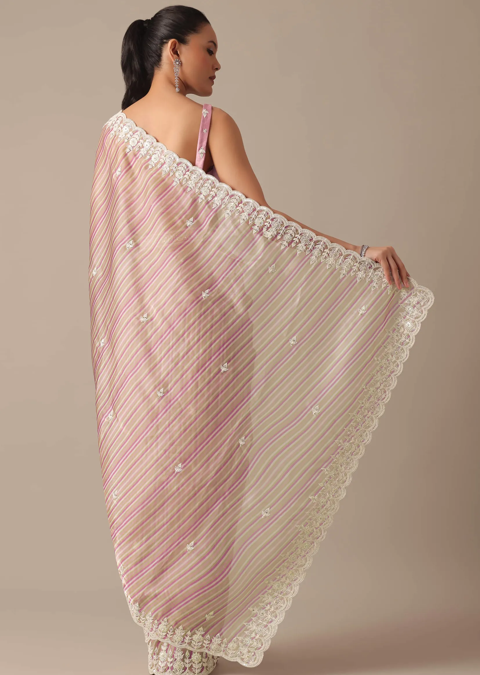 Pink Satin Saree With Belt And Unstitched Blouse Piece