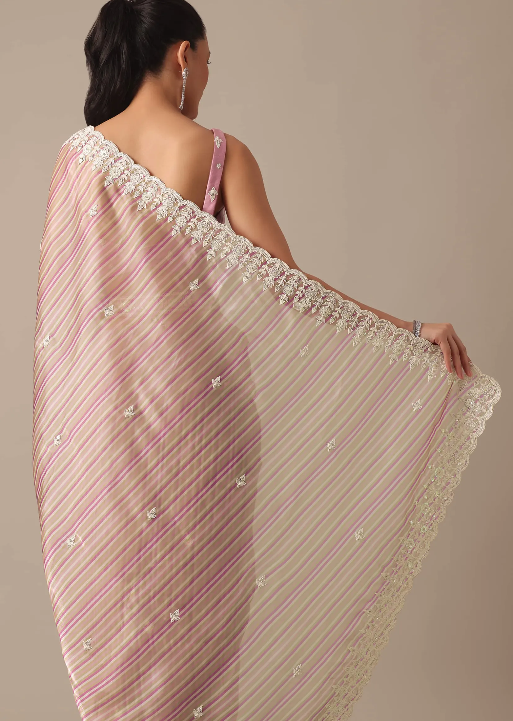 Pink Satin Saree With Belt And Unstitched Blouse Piece