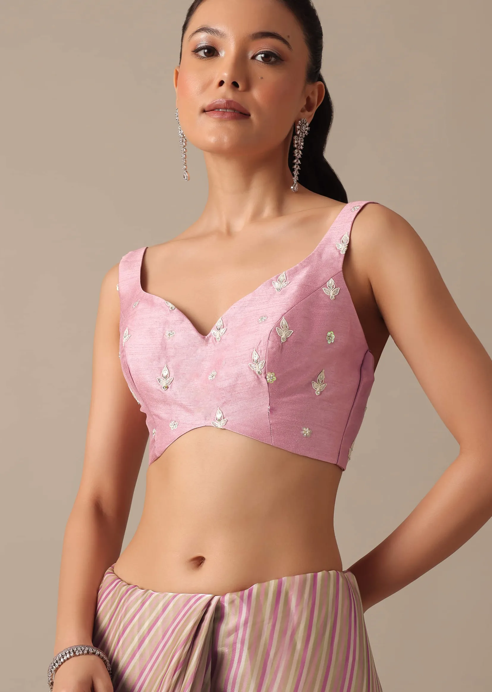 Pink Satin Saree With Belt And Unstitched Blouse Piece