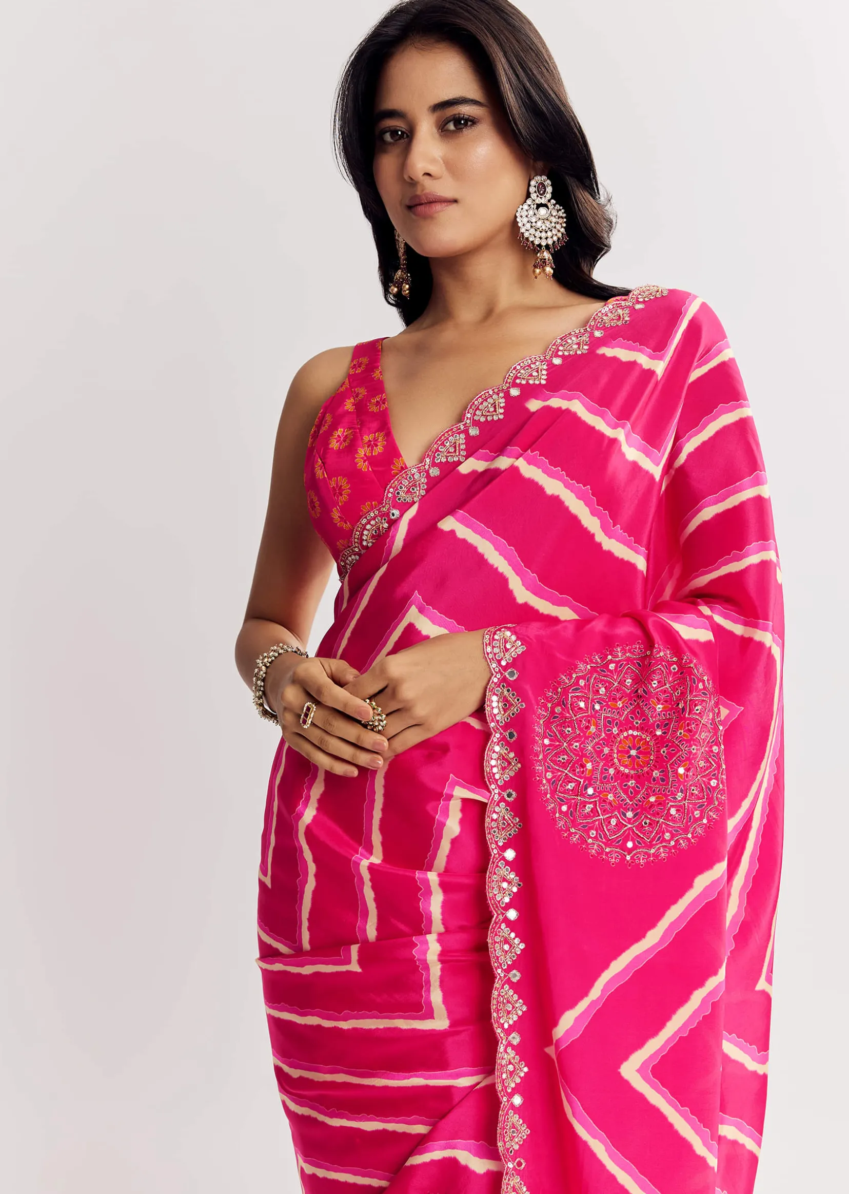 Pink Satin Saree With Gota And Mirror Embroidery