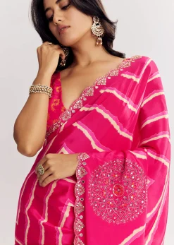 Pink Satin Saree With Gota And Mirror Embroidery