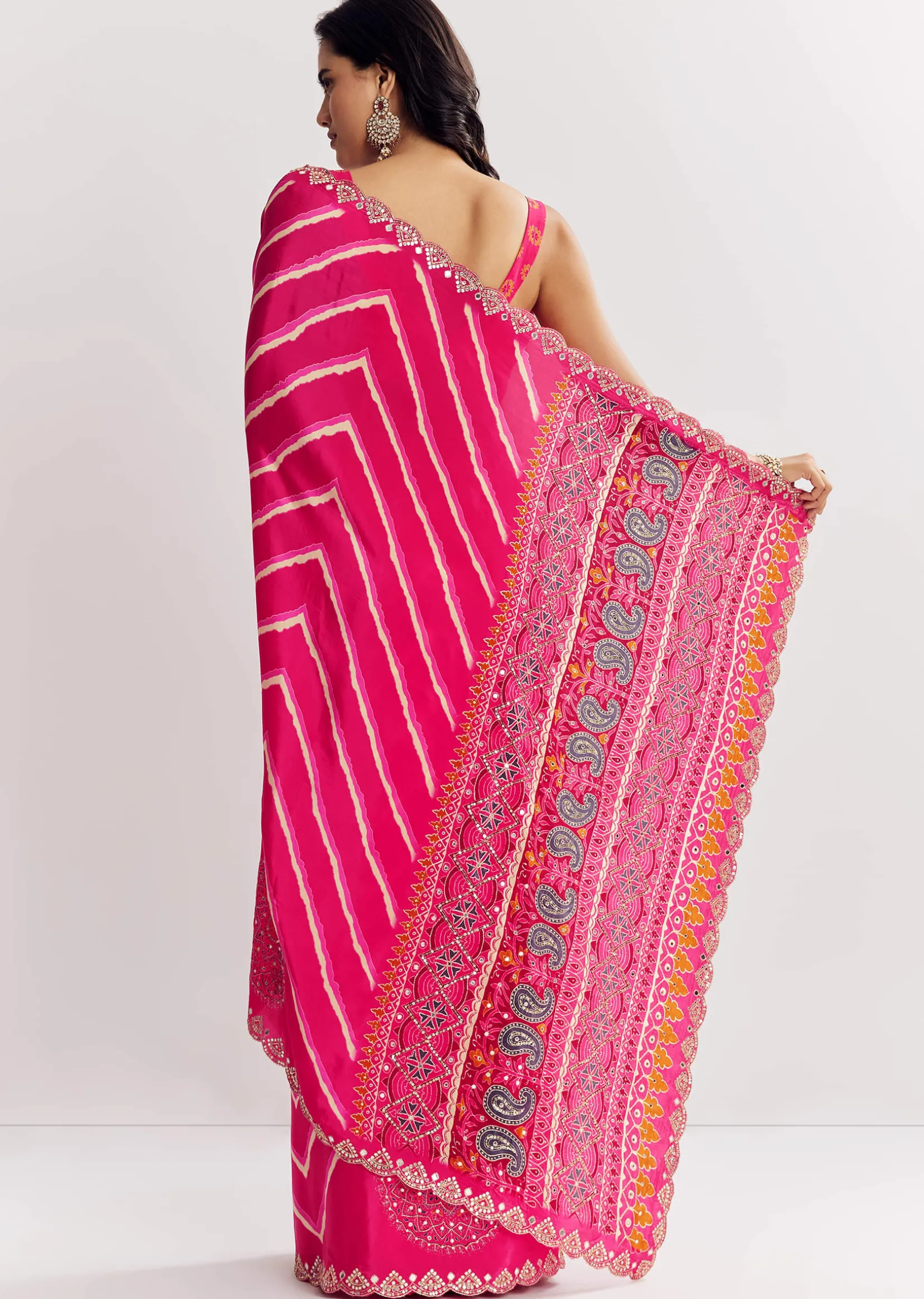 Pink Satin Saree With Gota And Mirror Embroidery