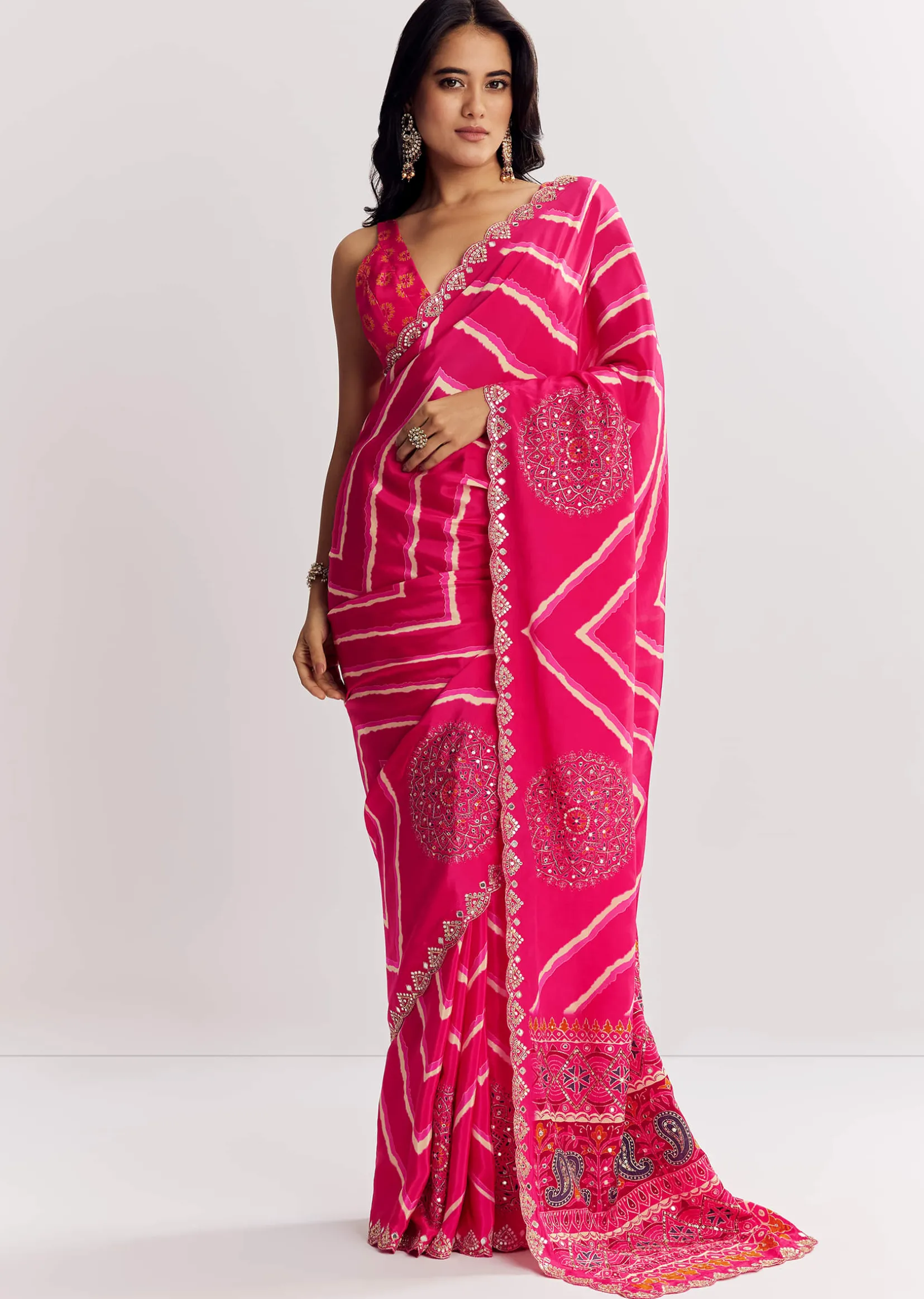 Pink Satin Saree With Gota And Mirror Embroidery