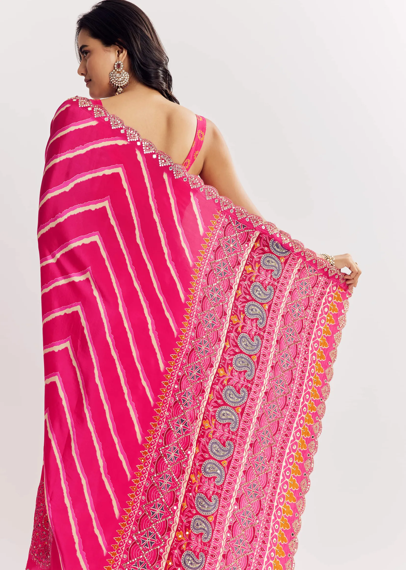 Pink Satin Saree With Gota And Mirror Embroidery