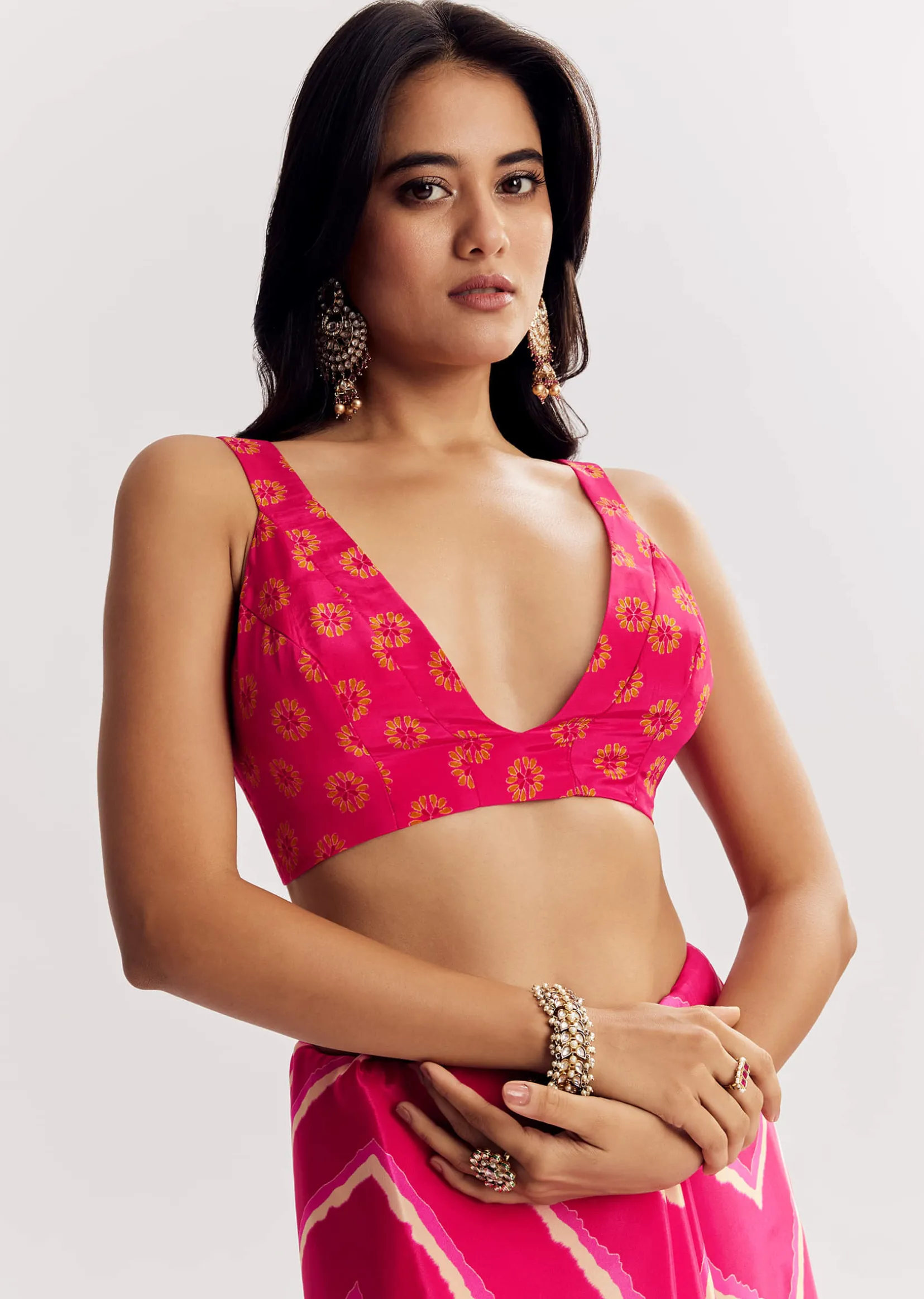 Pink Satin Saree With Gota And Mirror Embroidery