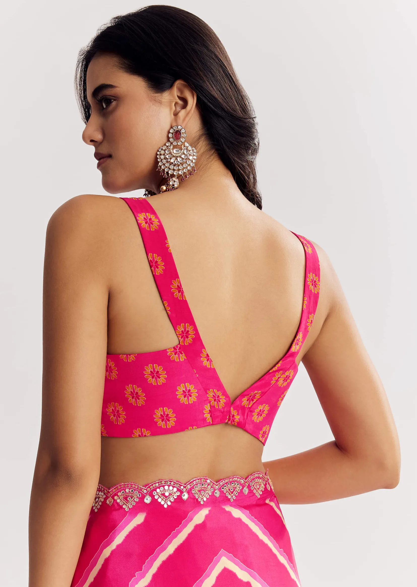 Pink Satin Saree With Gota And Mirror Embroidery