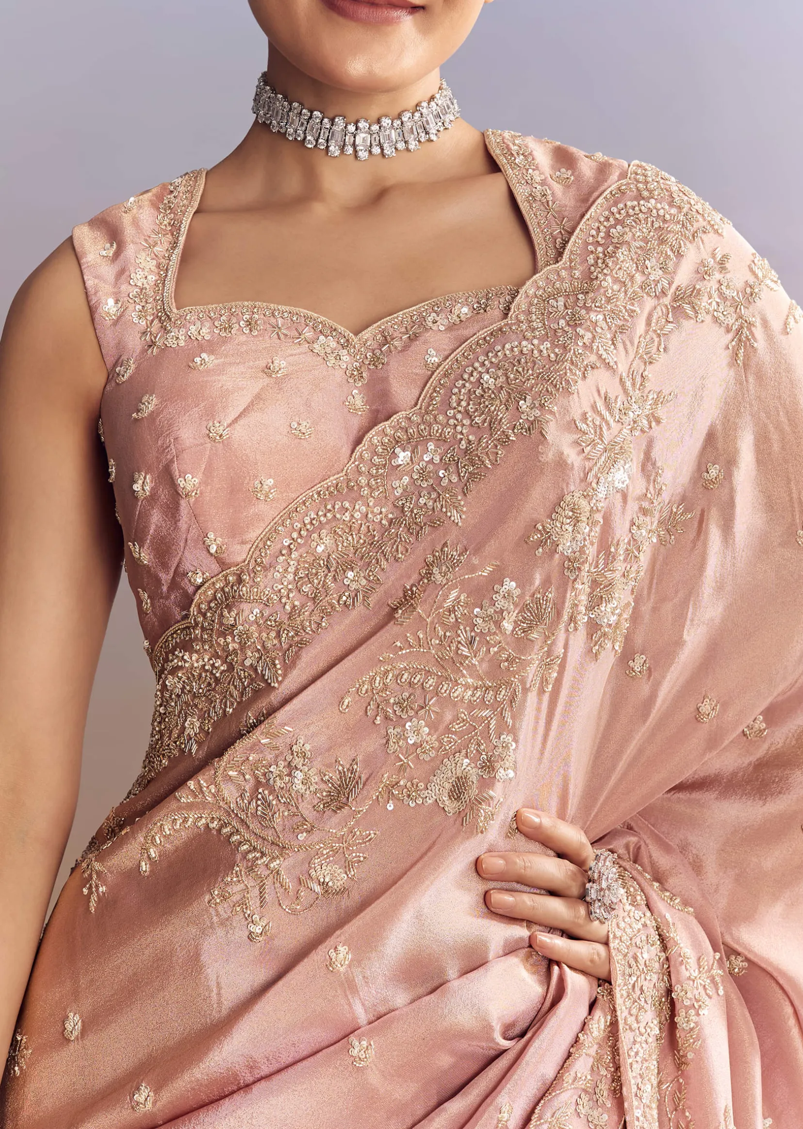 Pink Satin Saree With Scalloped Embroidery