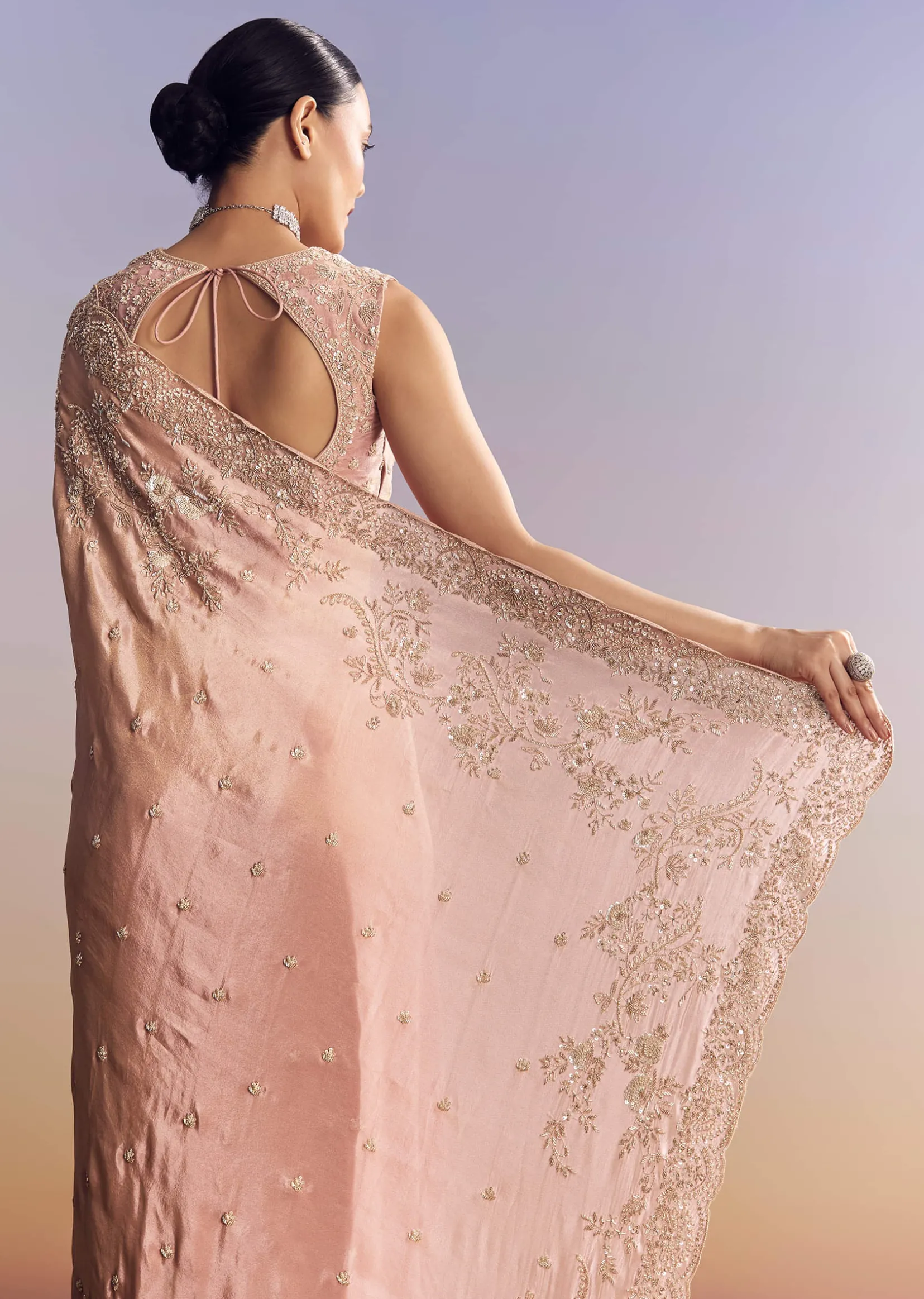 Pink Satin Saree With Scalloped Embroidery