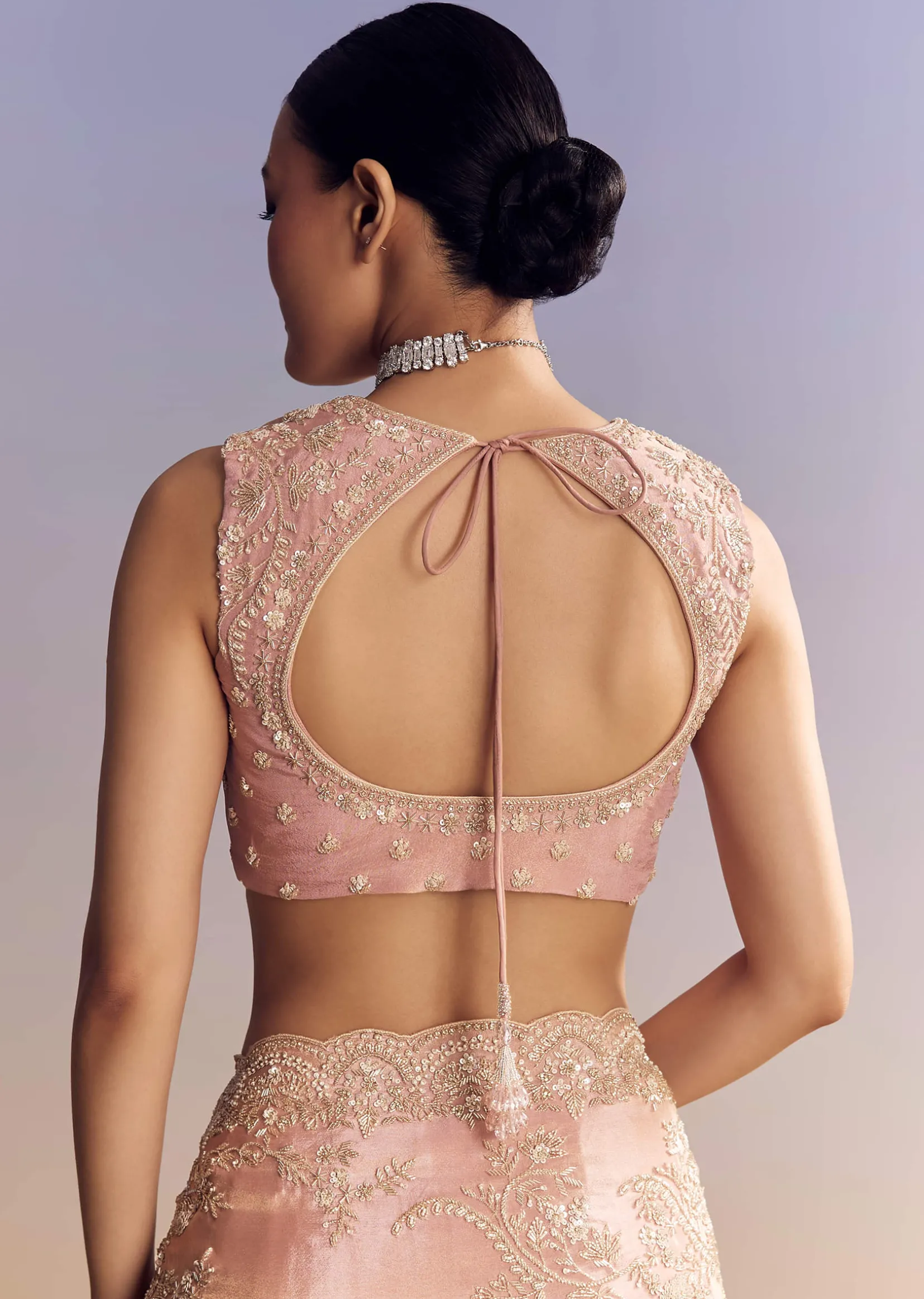 Pink Satin Saree With Scalloped Embroidery