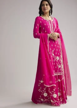 Pink Sequin Embroidered Palazzo Set With Dupatta