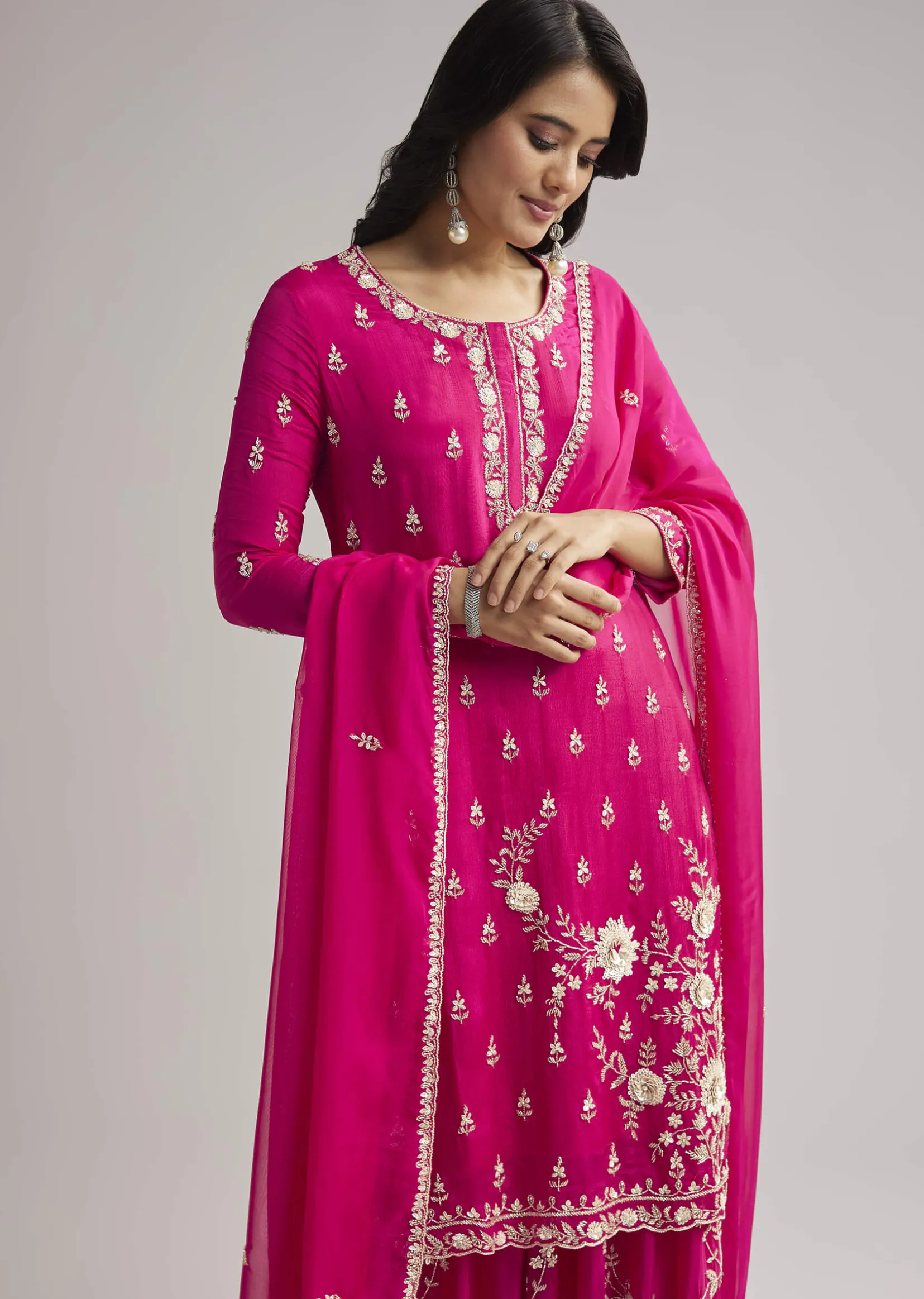 Pink Sequin Embroidered Palazzo Set With Dupatta