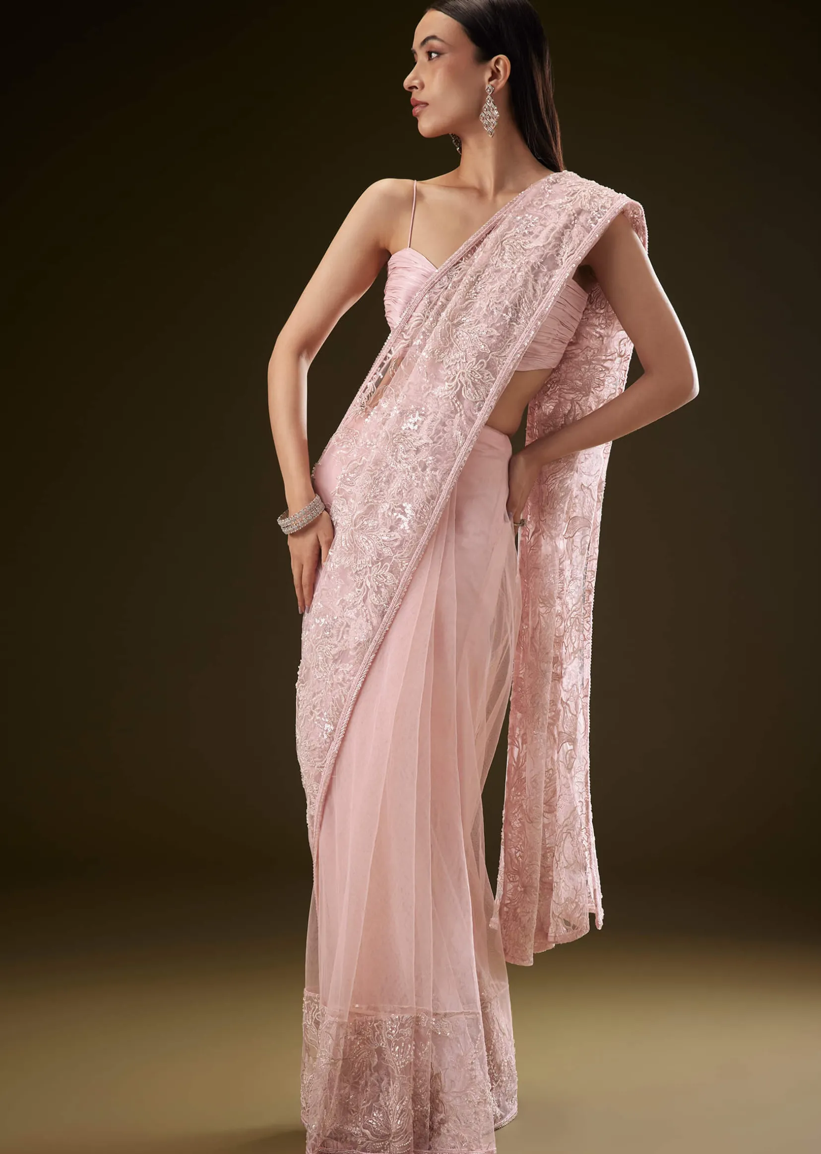 Pink Sequins Saree With Ruched Blouse