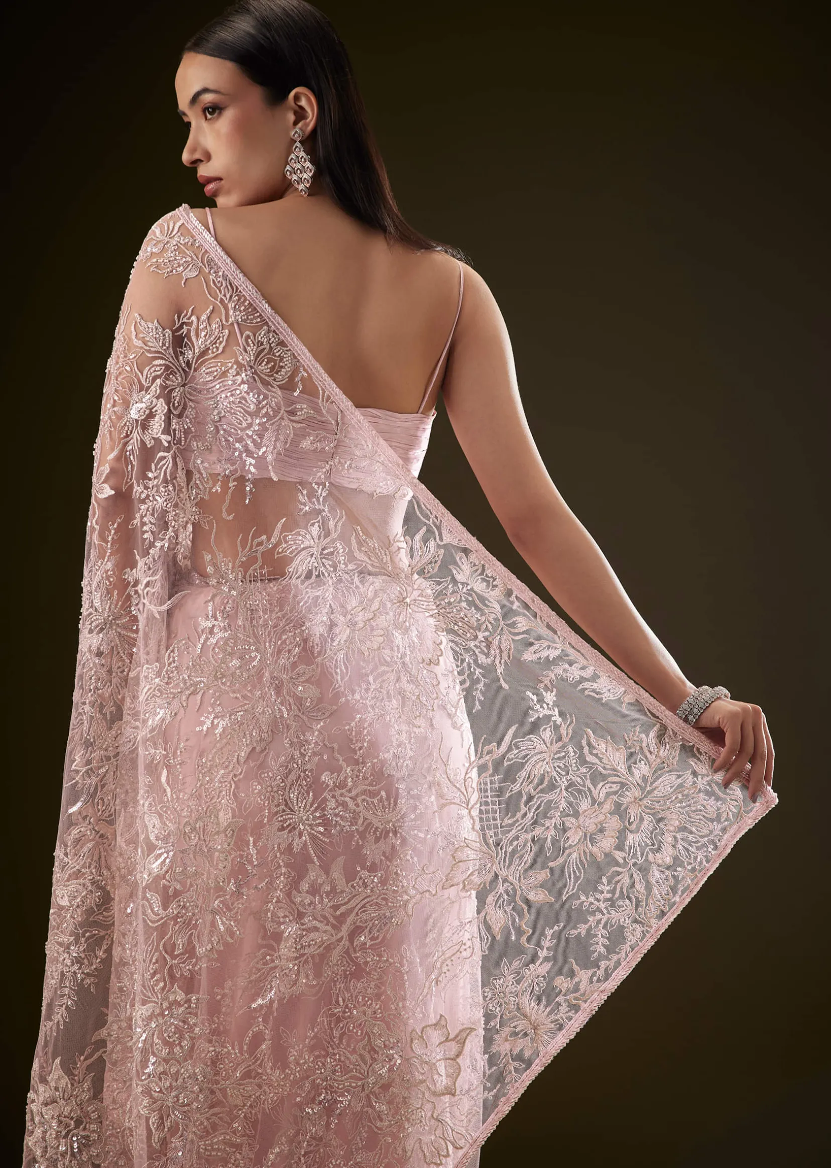 Pink Sequins Saree With Ruched Blouse