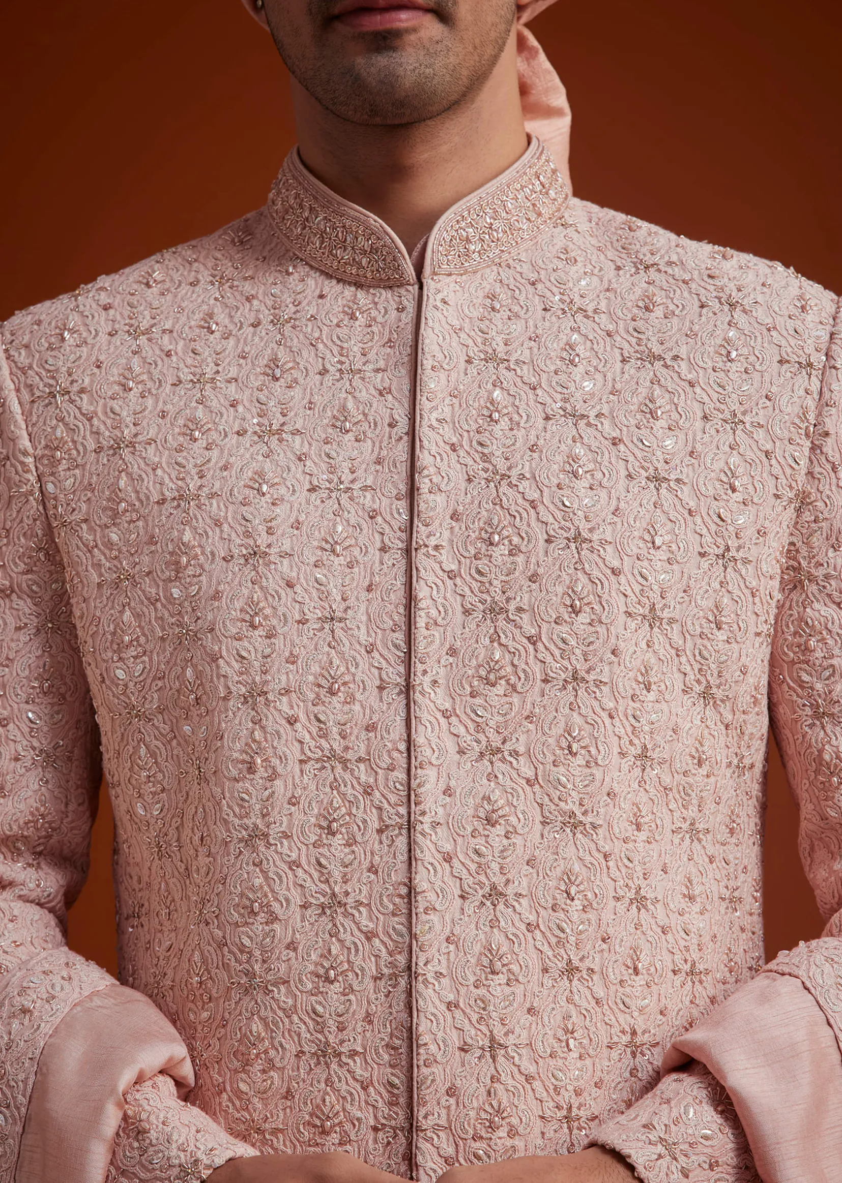 Pink Sherwani Set With Hand Embroidery And Dupatta
