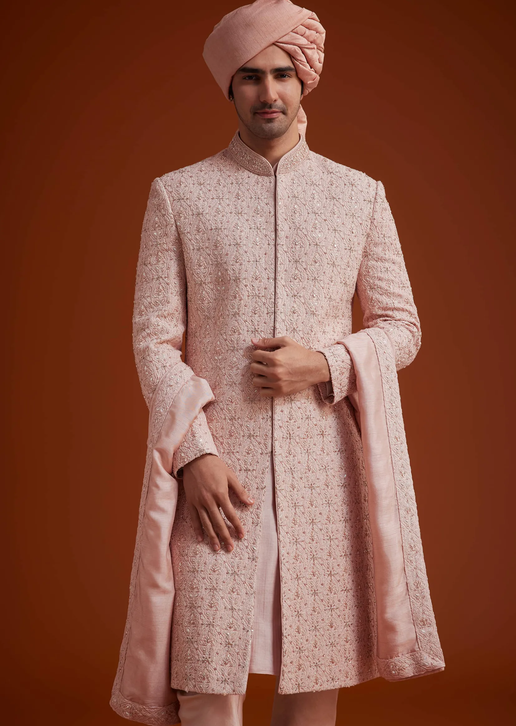 Pink Sherwani Set With Hand Embroidery And Dupatta