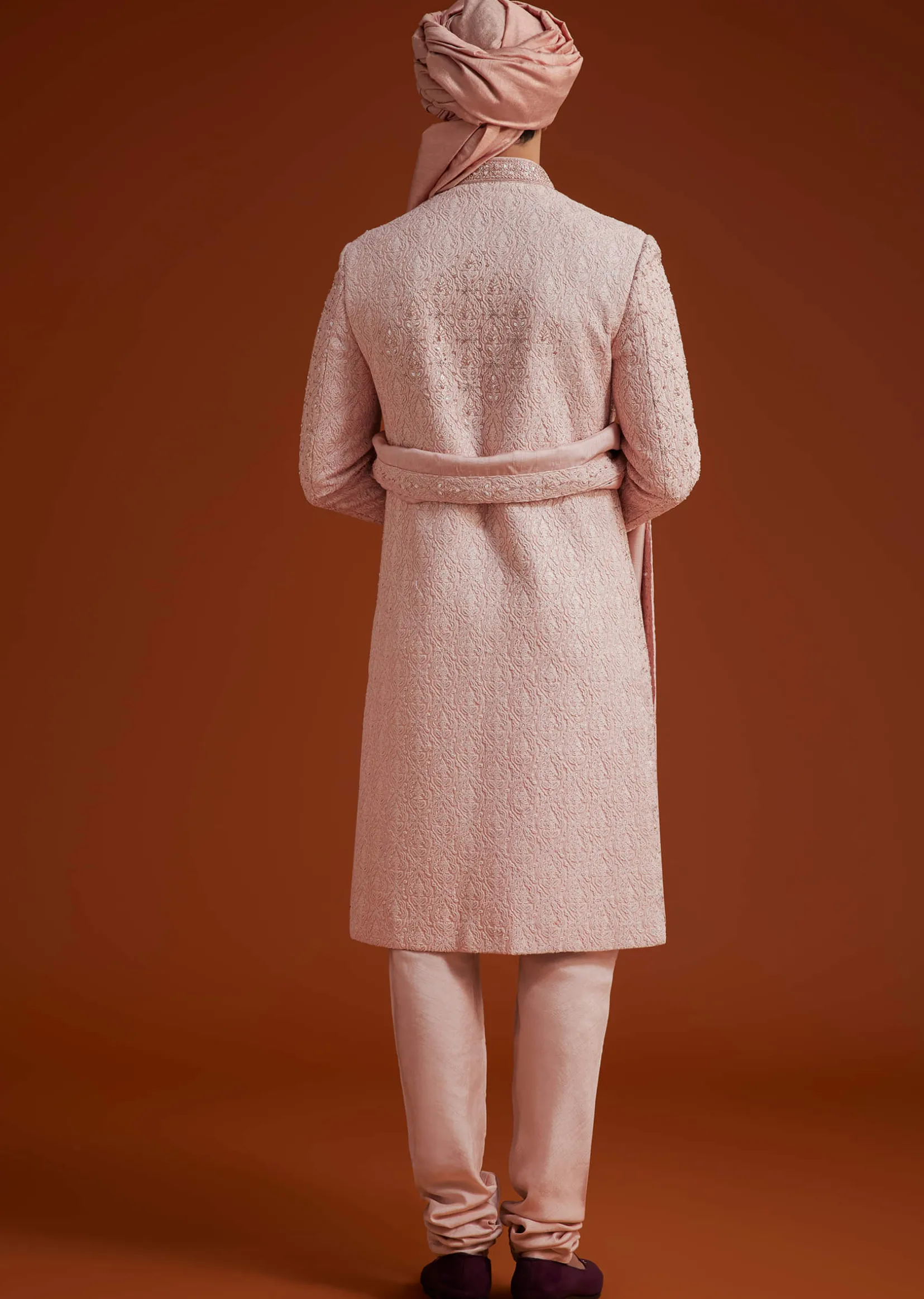 Pink Sherwani Set With Hand Embroidery And Dupatta