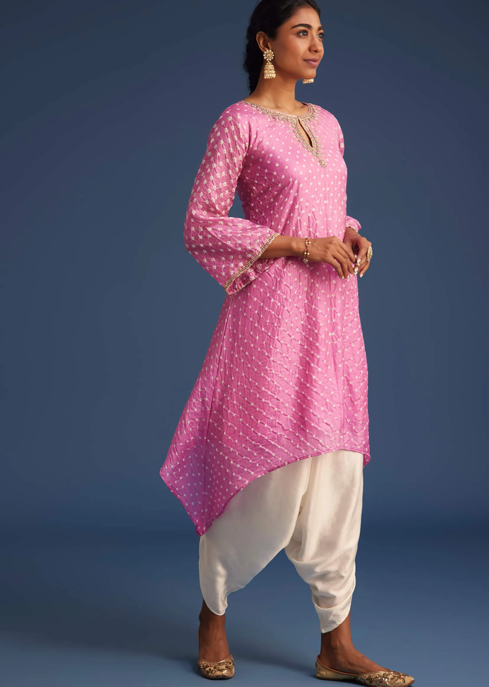 Pink Silk Bandhani Embroidered Asymmetrical Kurta Dhoti Set