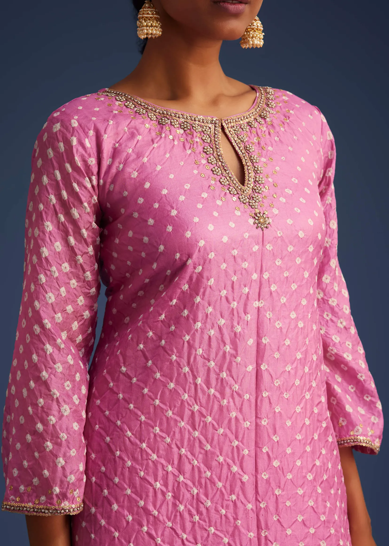 Pink Silk Bandhani Embroidered Asymmetrical Kurta Dhoti Set