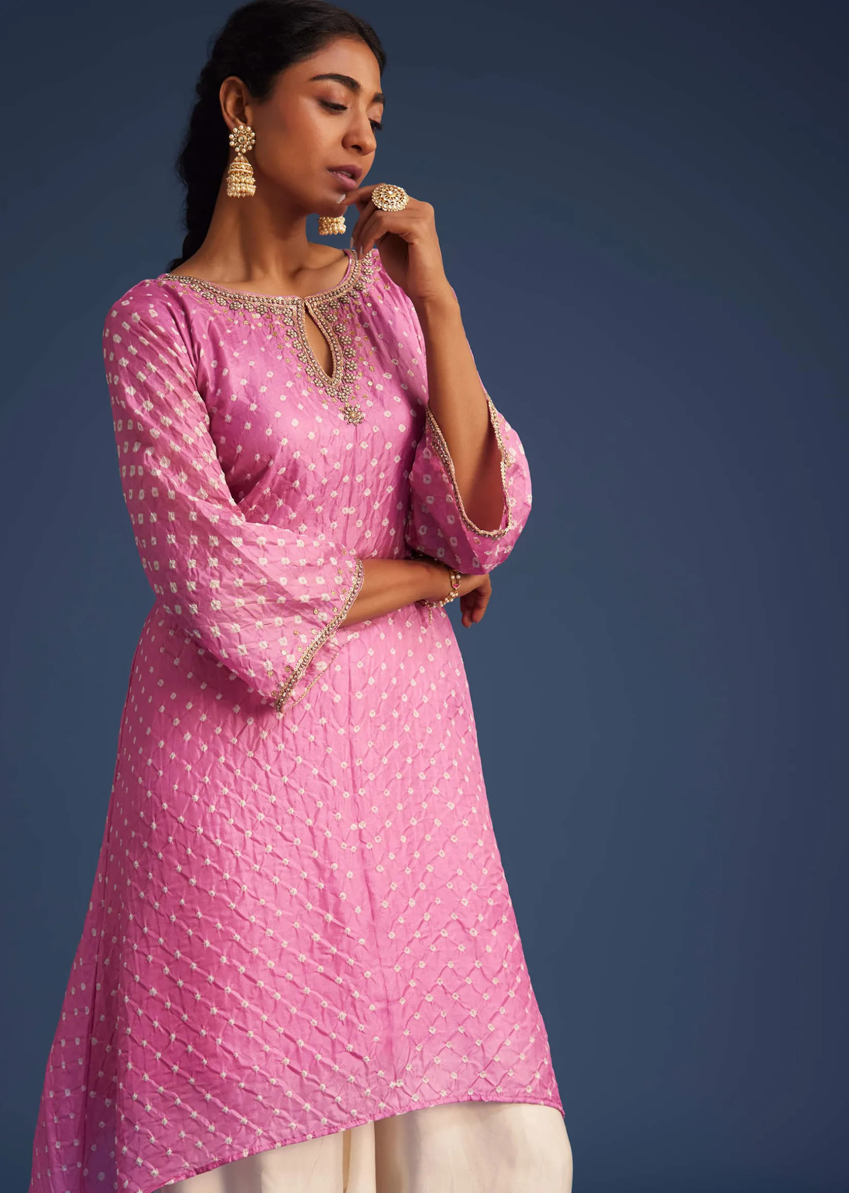 Pink Silk Bandhani Embroidered Asymmetrical Kurta Dhoti Set