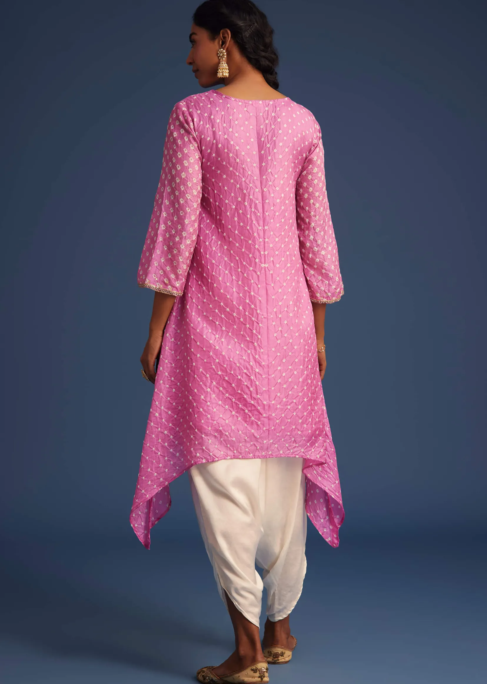 Pink Silk Bandhani Embroidered Asymmetrical Kurta Dhoti Set