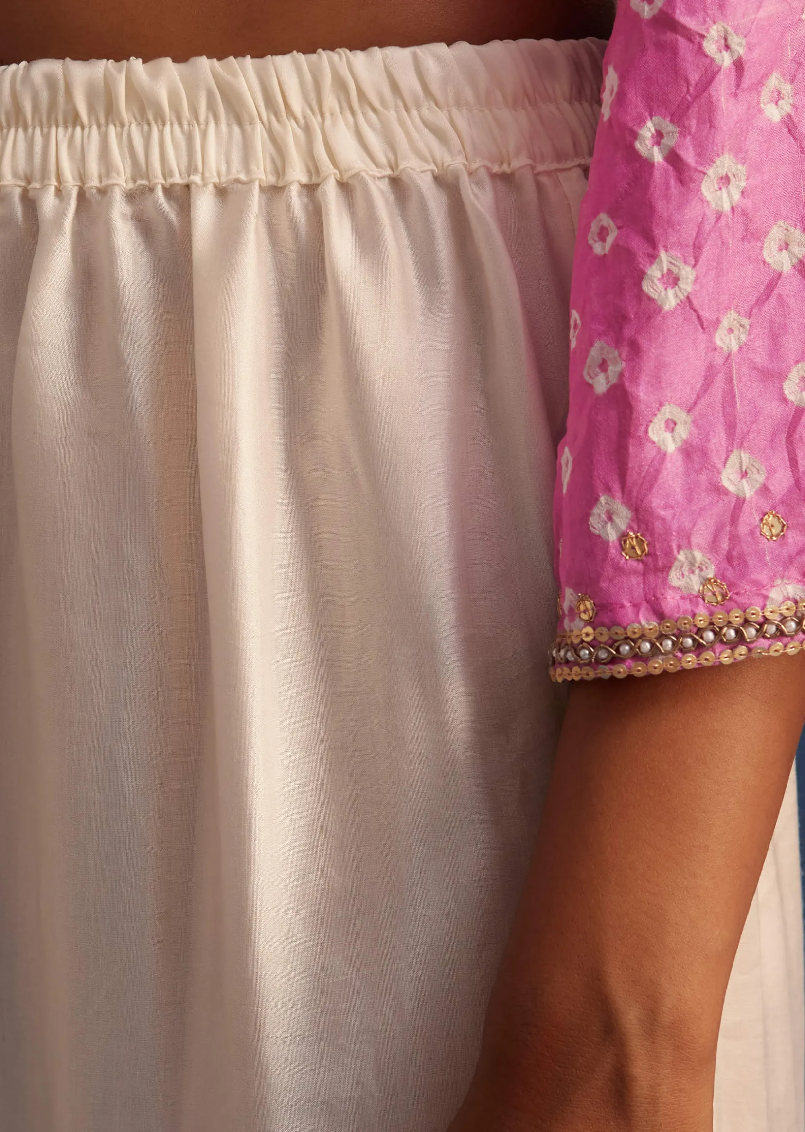 Pink Silk Bandhani Embroidered Asymmetrical Kurta Dhoti Set