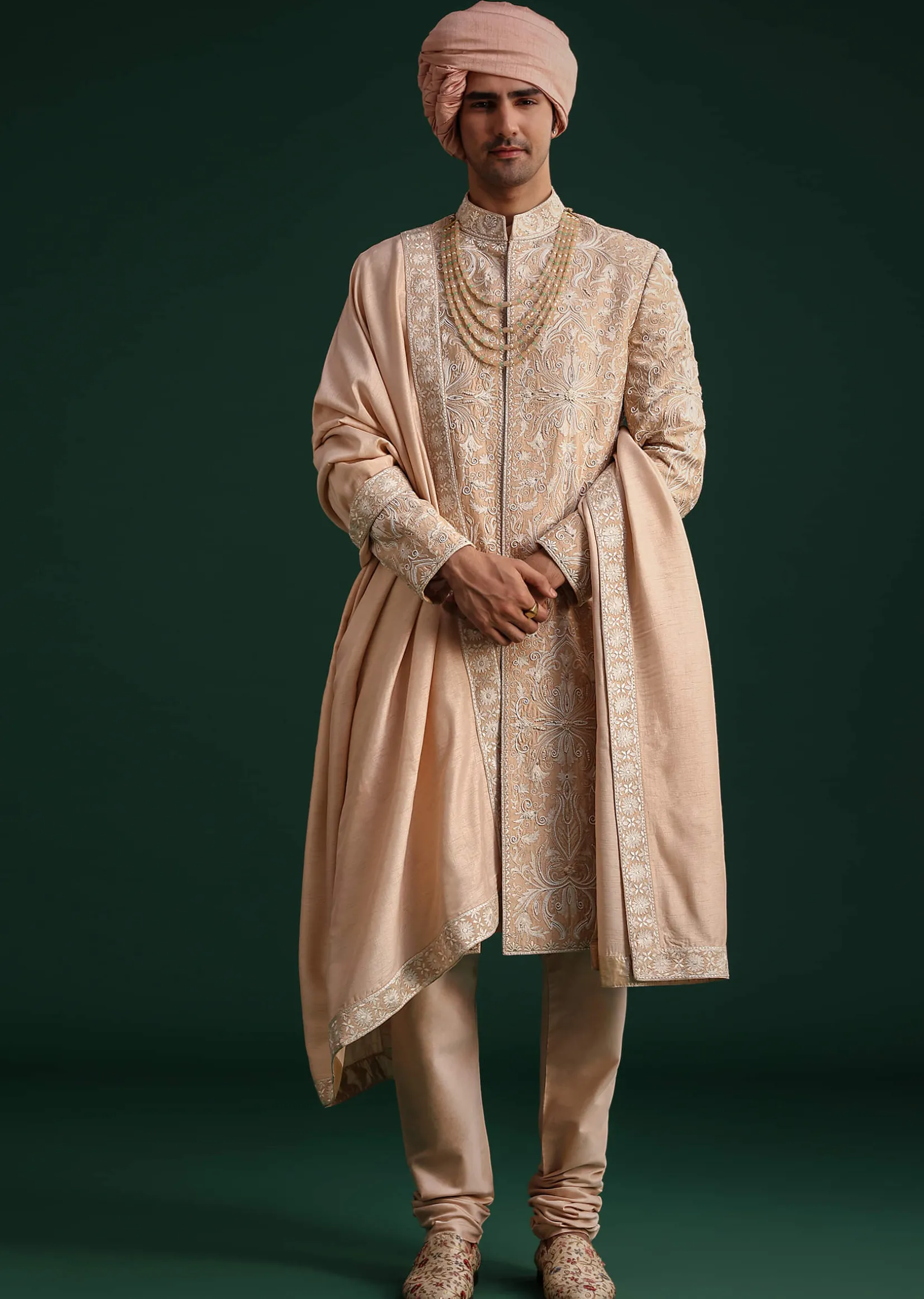 Pink Silk Blend Cotton Silk Sherwani Dupatta Set With Beaded Aari Work
