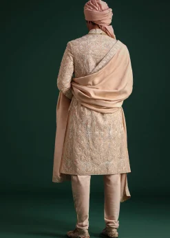 Pink Silk Blend Cotton Silk Sherwani Dupatta Set With Beaded Aari Work