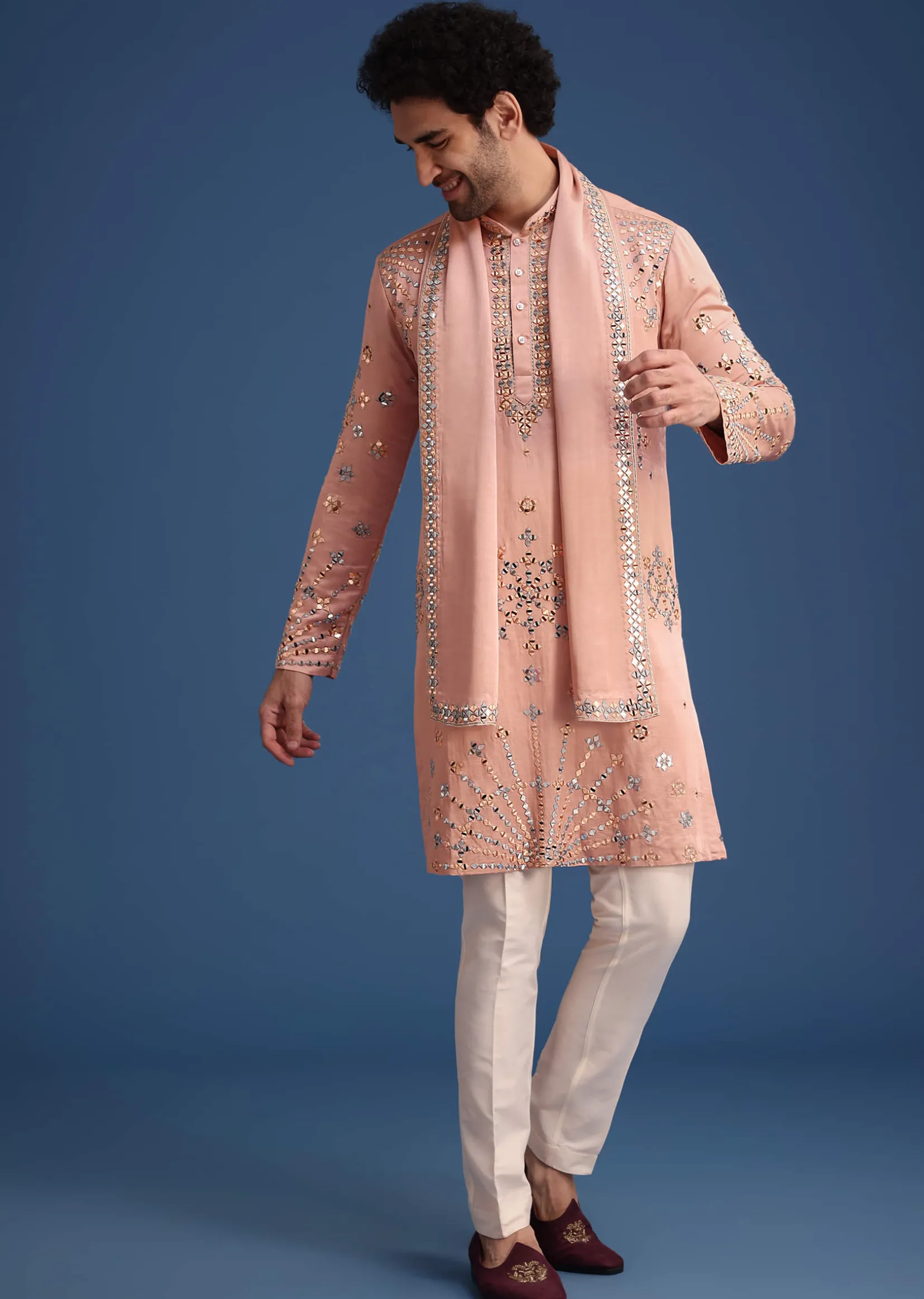 Pink Silk Blend Mirror Embroidered Kurta Dupatta Set