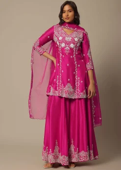 Pink Silk Embroidered Kurta Palazzo Set