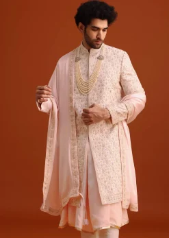 Pink Silk Embroidered Sherwani Set With Dupatta