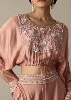 Pink Silk Embroidery Crop Top With Palazzo