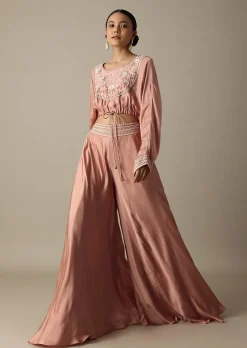 Pink Silk Embroidery Crop Top With Palazzo