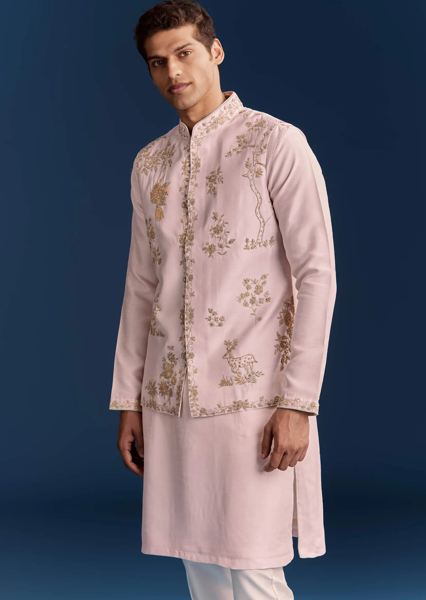 Pink Silk Floral Kurta Jacket Set With Resham And Cutdana Detailing