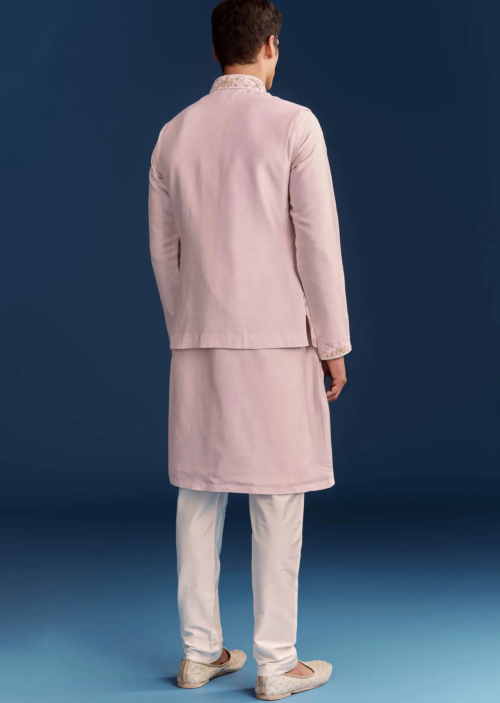 Pink Silk Floral Kurta Jacket Set With Resham And Cutdana Detailing