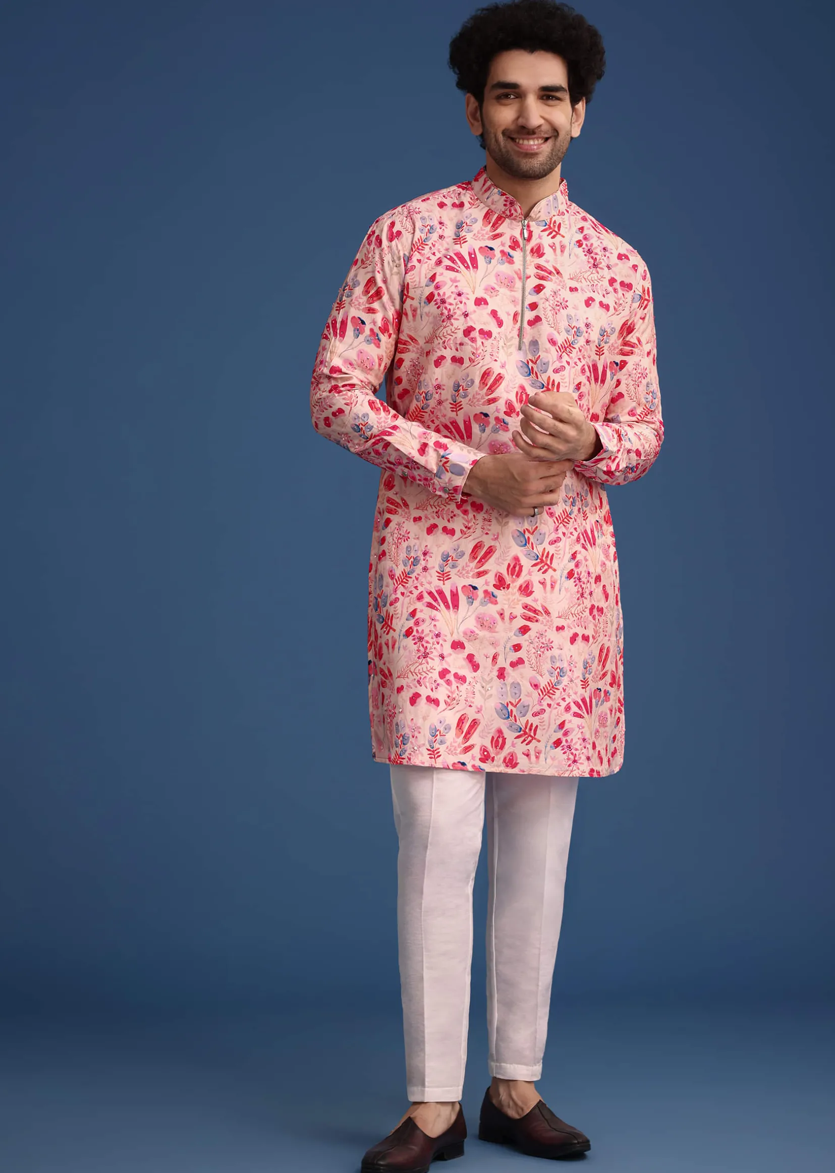 Pink Silk Floral Printed Kurta Set