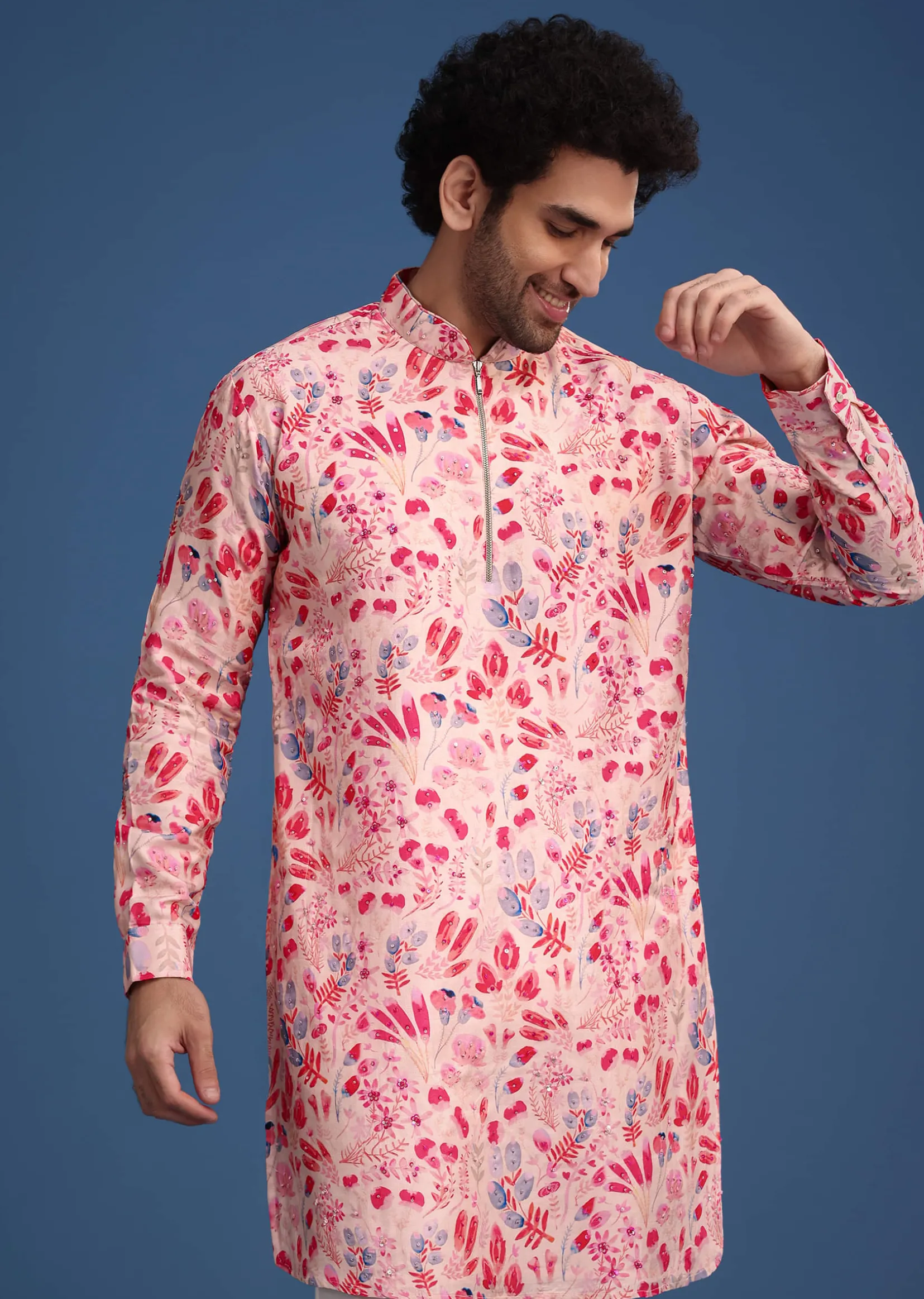 Pink Silk Floral Printed Kurta Set