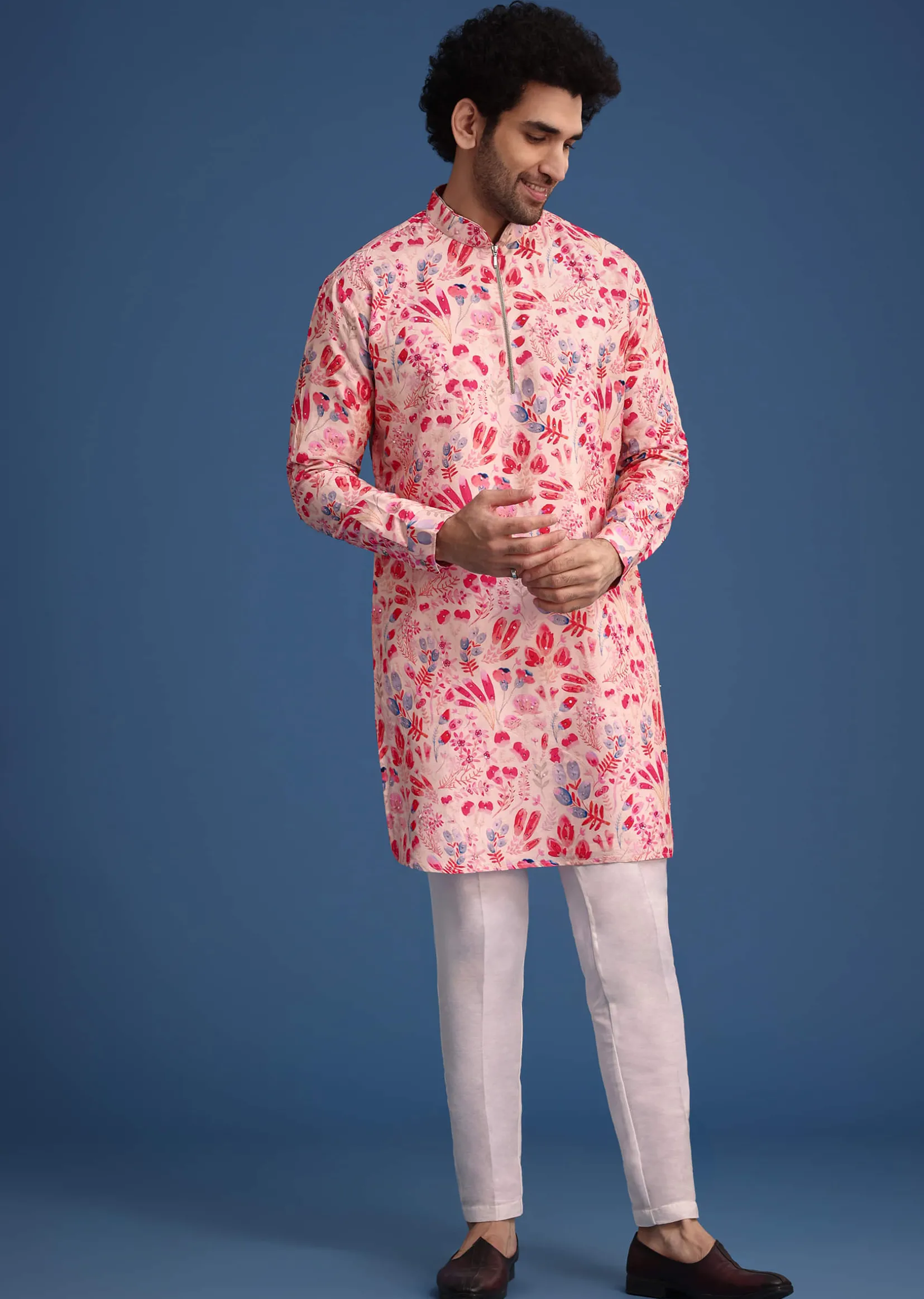 Pink Silk Floral Printed Kurta Set
