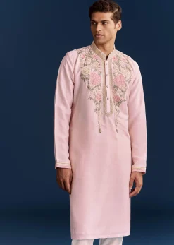 Pink Silk Flroal Printed Kurta Set With Resham Work