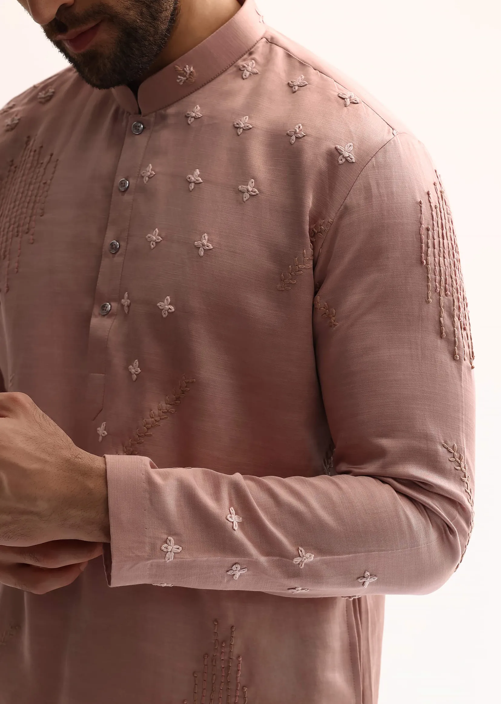 Pink Silk Handwork Kurta Set For Men