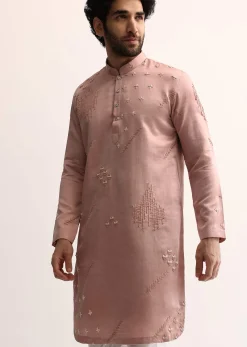 Pink Silk Handwork Kurta Set For Men