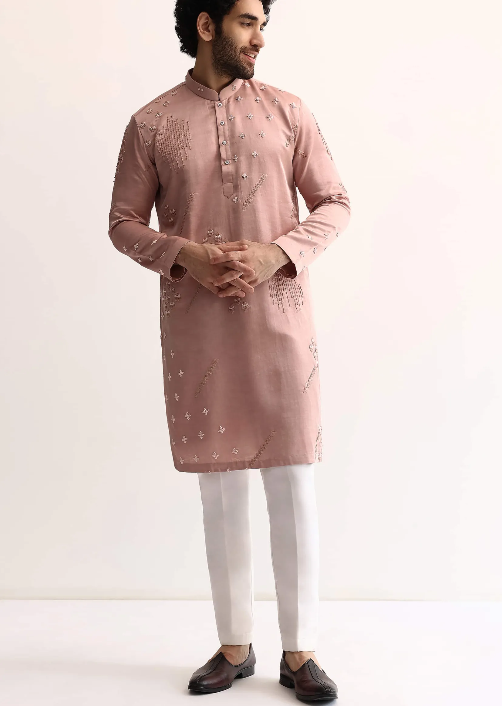 Pink Silk Handwork Kurta Set For Men