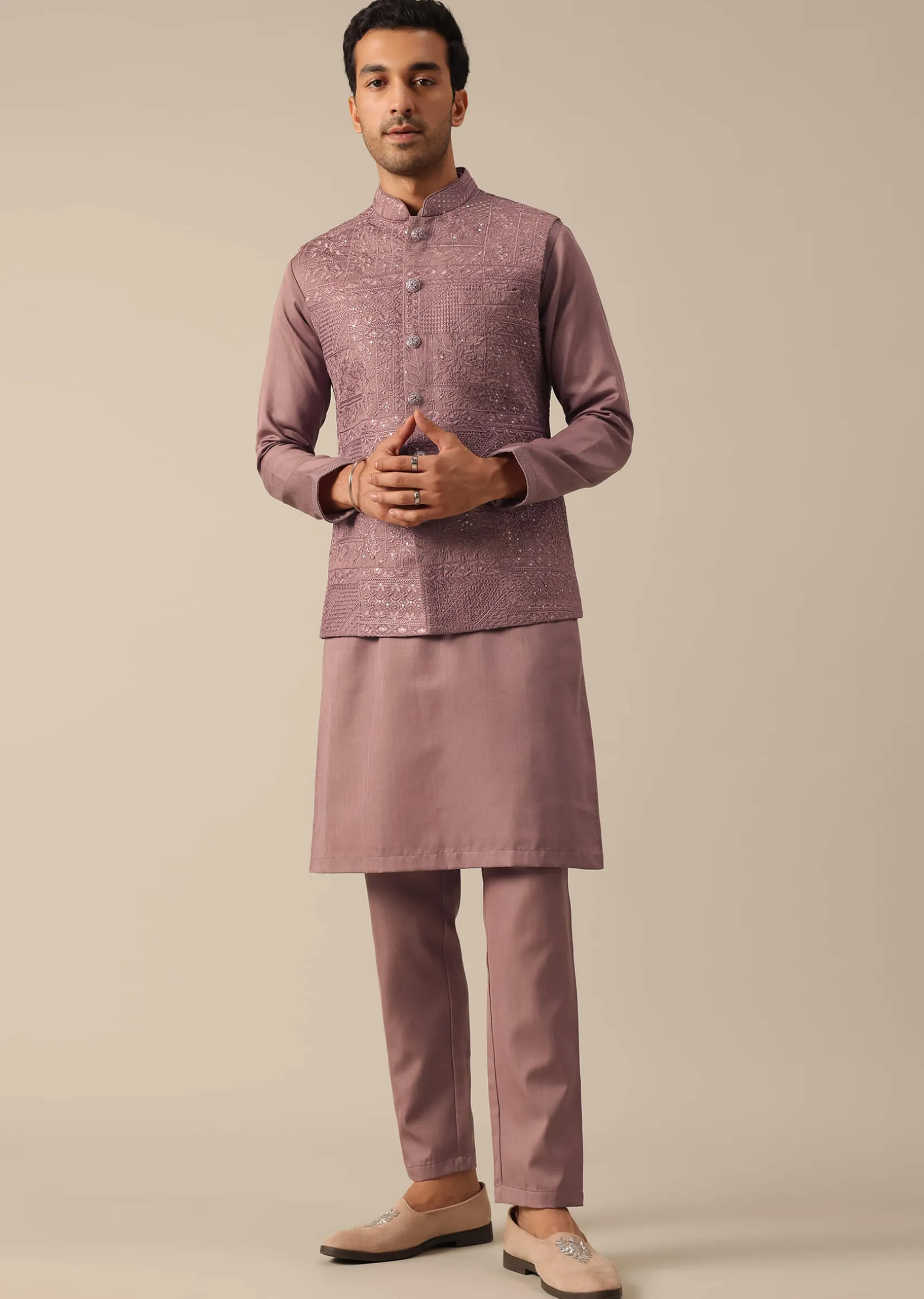 Pink Silk Indo Fusion Jacket Kurta Set