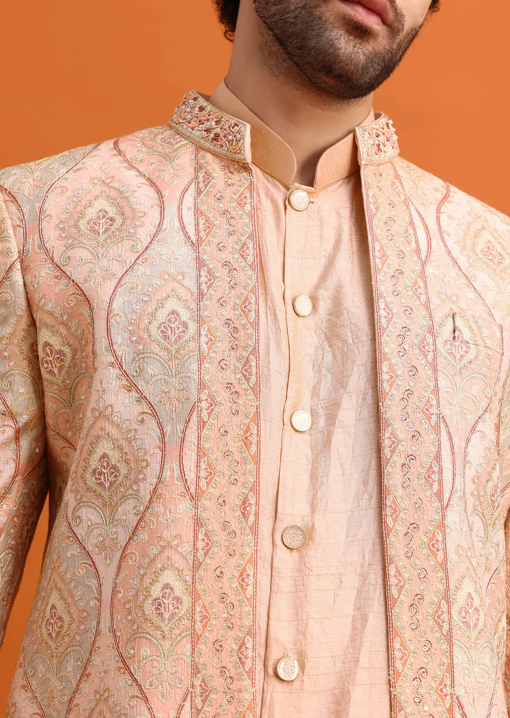 Pink Silk Indowestern Set With Hand Work For Men